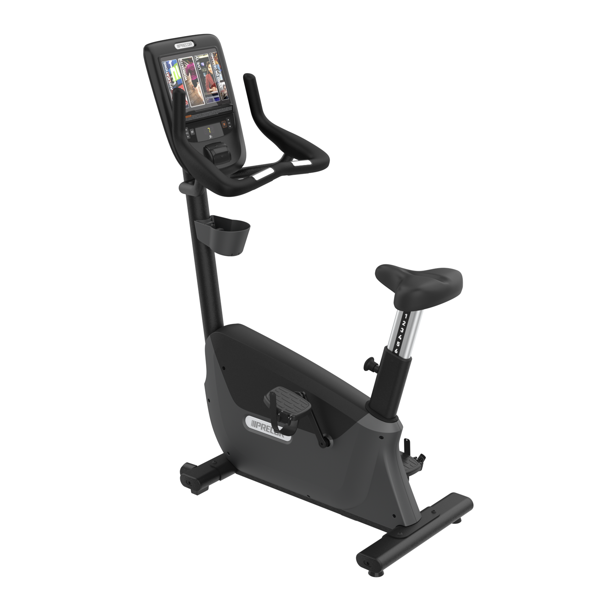 Precor UBK 665 upright bike with P62 console in black pearl