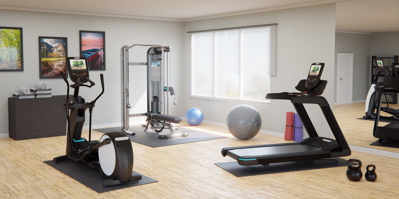 Home gym with a Precor TRM 781 treadmill, EFX 885 elliptical, and FTS Glide Functional Training System