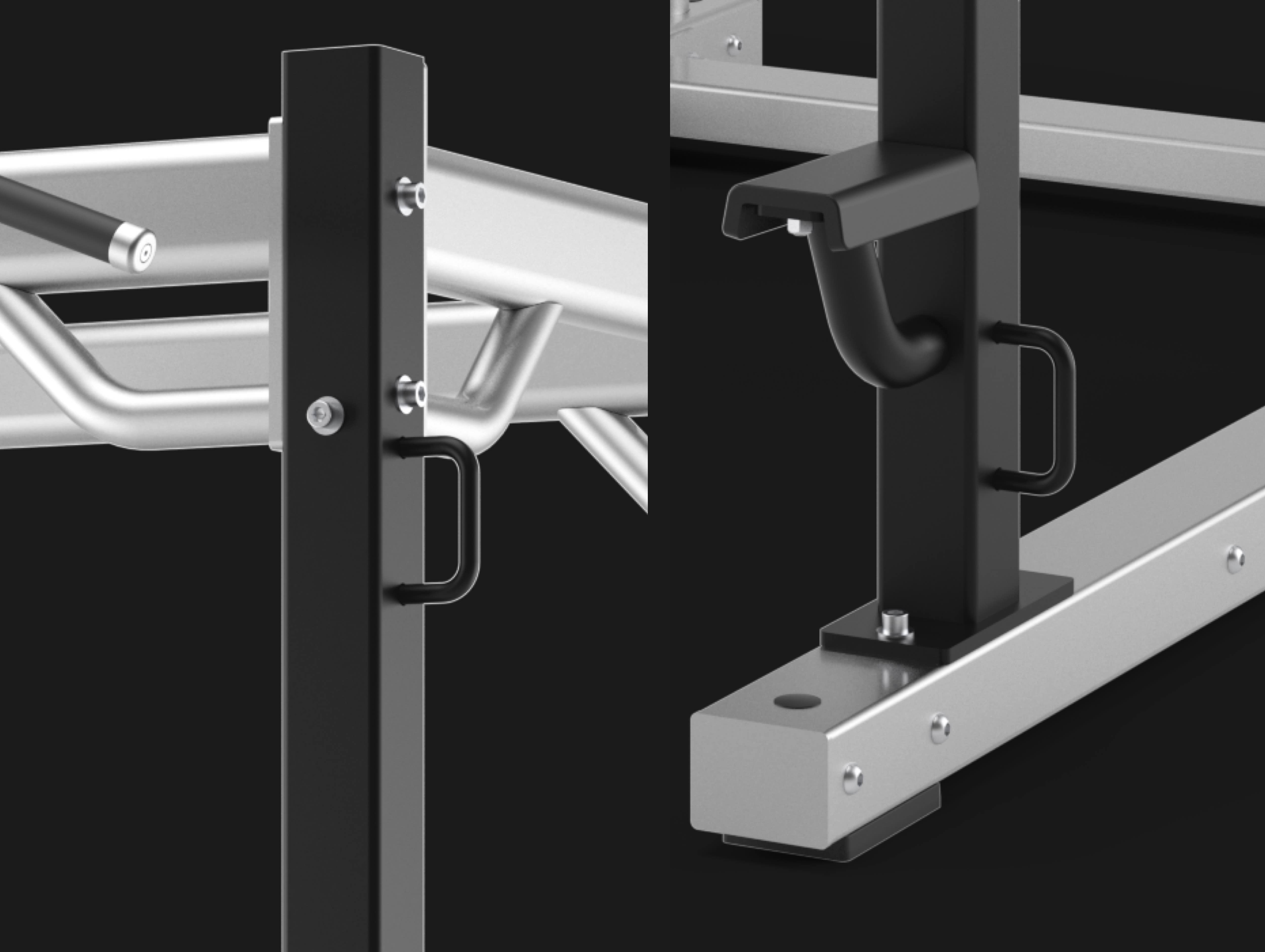 band pegs on Precor power rack for added resistance bands for barbell lifting exercises