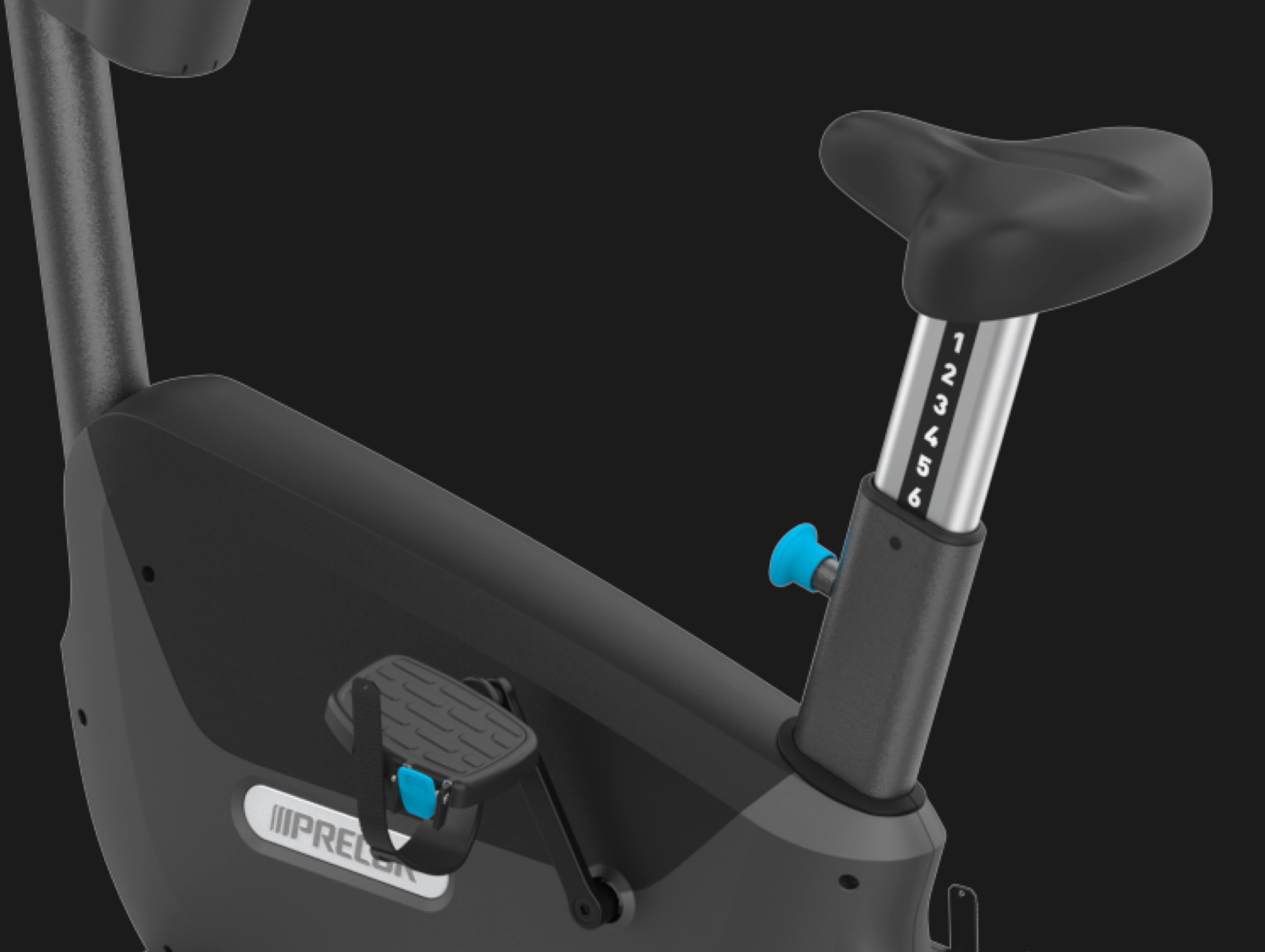 Precor UBK 600 line upright bike seat and pedal view