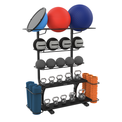 Precor utility and accessory rack featuring kettlebells medicine balls and more