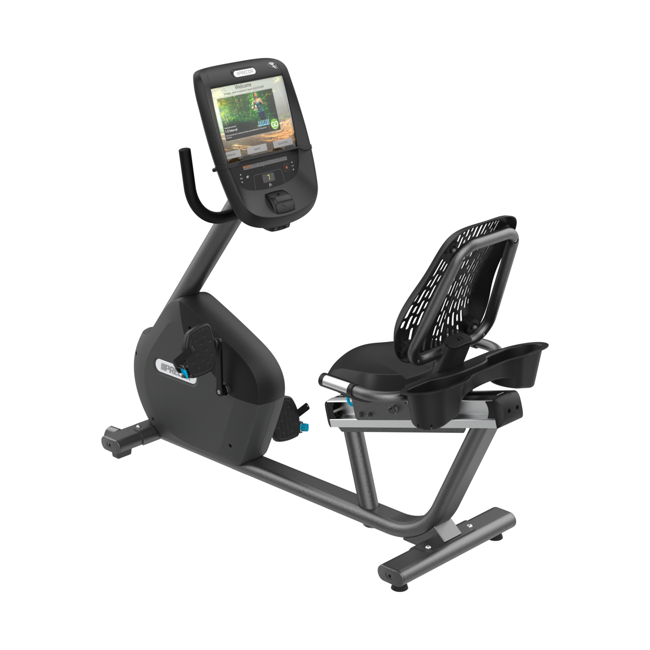 Precor RBK 685 recumbent bike with P82 console in storm grey