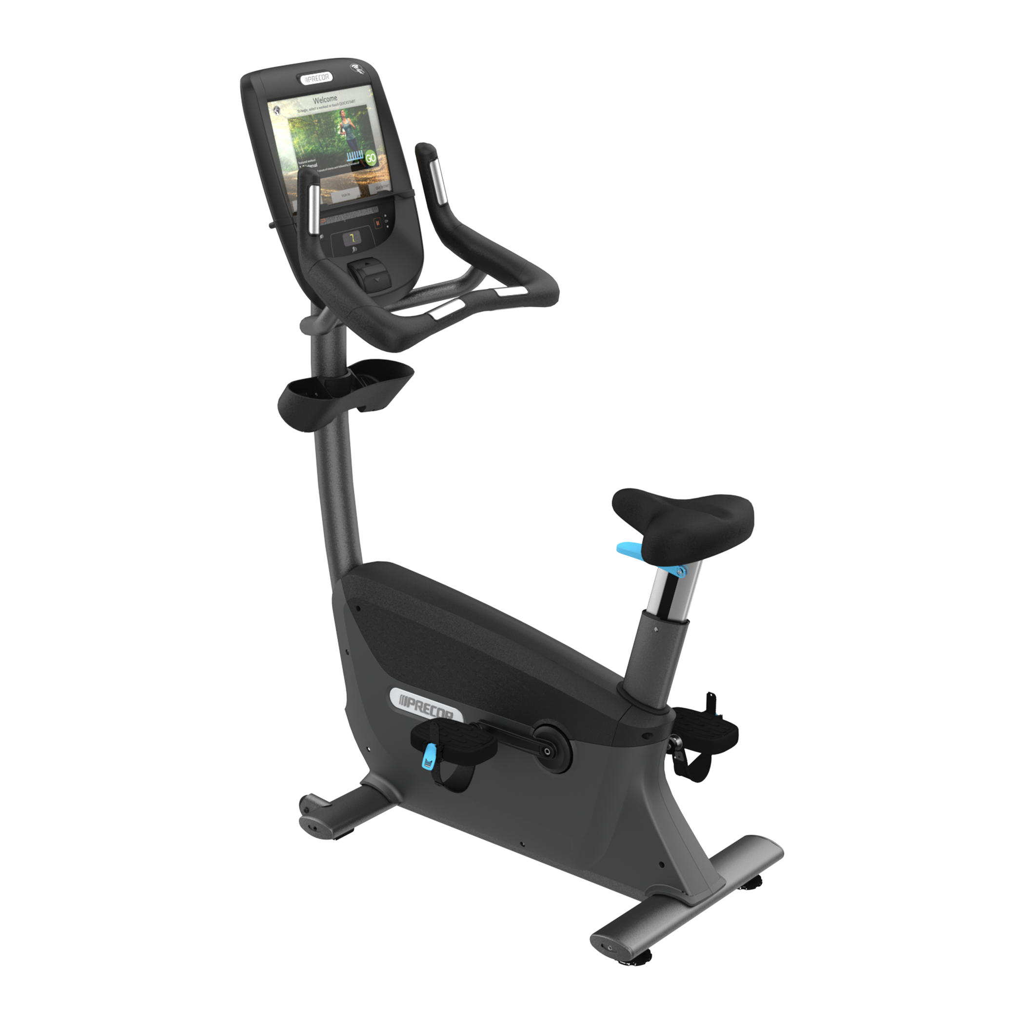 Precor UBK 885 upright bike with P82 console in storm grey